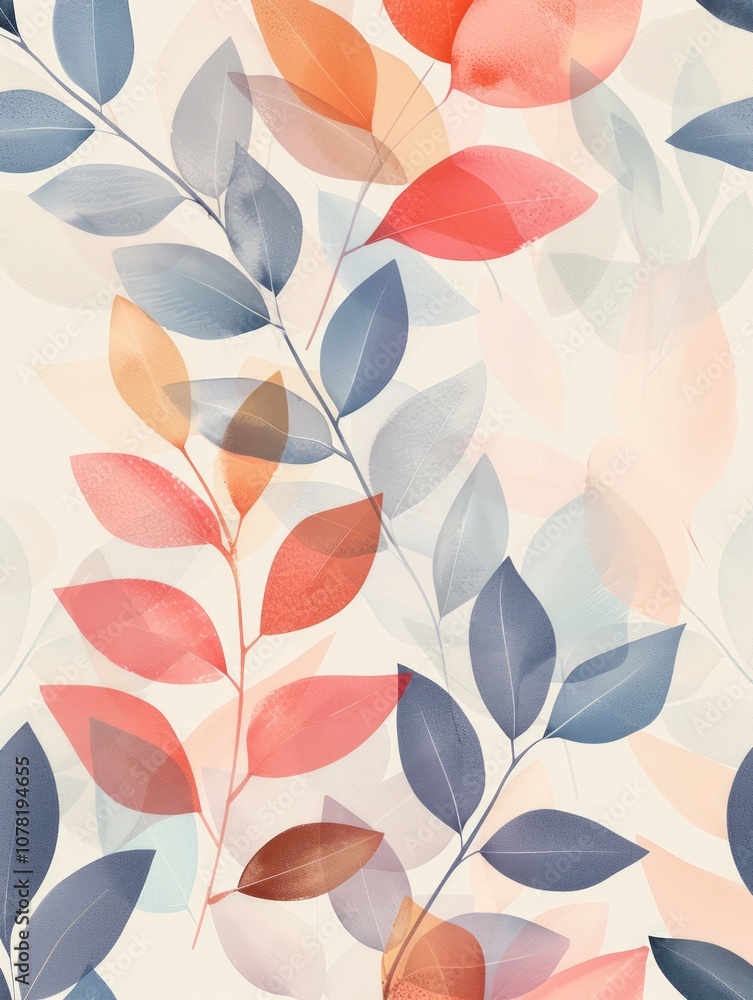 The design has a light and airy feel, with leaves overlapping each other and a pastel color palette. The design has a light and airy feel, with leaves overlapping each other and a pastel color palette.