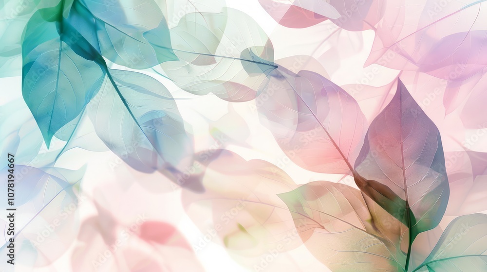 The design has a light and airy feel, with leaves overlapping each other and a pastel color palette. The design has a light and airy feel, with leaves overlapping each other and a pastel color palette.