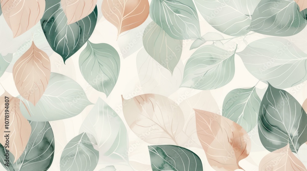 The design has a light and airy feel, with leaves overlapping each other and a pastel color palette. The design has a light and airy feel, with leaves overlapping each other and a pastel color palette.