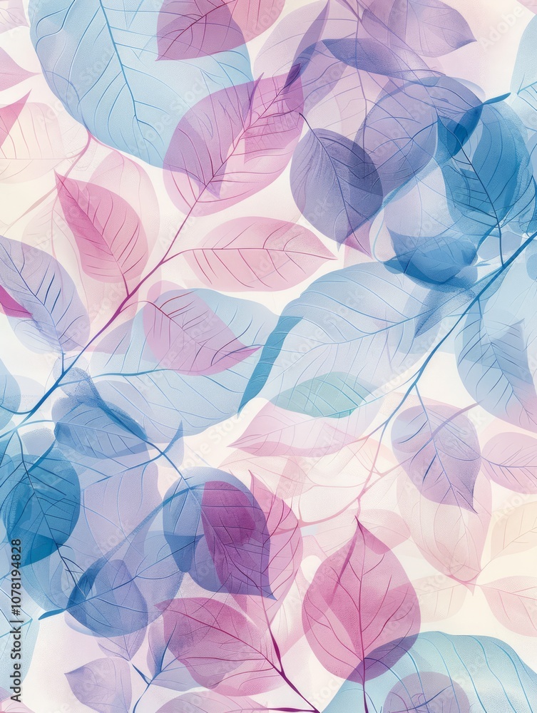 The design has a light and airy feel, with leaves overlapping each other and a pastel color palette. The design has a light and airy feel, with leaves overlapping each other and a pastel color palette.