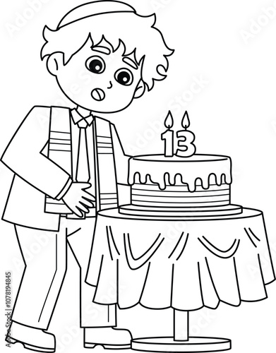 Bar Mitzvah Boy Turning 13 Isolated Coloring Page