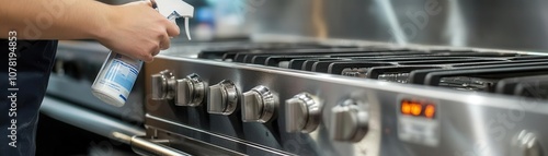 Worker disinfecting a commercial stove with a high-quality cleaning product photo