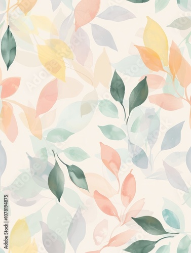 The design has a light and airy feel, with leaves overlapping each other and a pastel color palette.