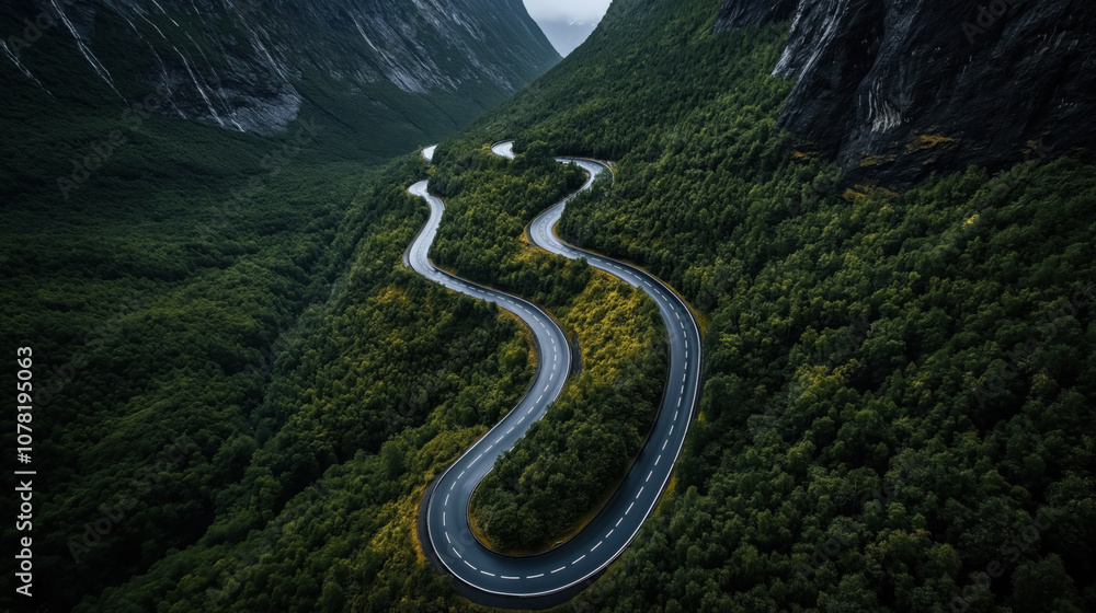 Aerial view of a winding road cutting through a lush green forest in a mountainous area, showcasing sharp curves and surrounded by dense foliage and steep rock faces.