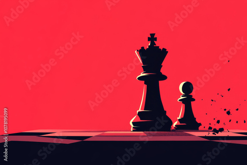 A black and white chess board with a red background. Two pieces are on the board, one of which is a king