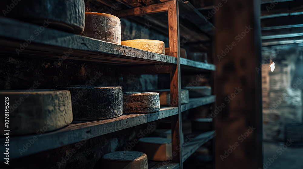 candlelit cheese cellar showcasing a diverse selection of aged cheese on wooden shelves candlelit cheese cellar showcasing a diverse selection of aged cheese on wooden shelves