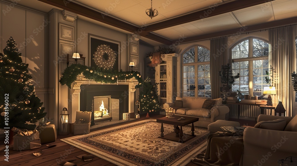 Cozy Christmas Living Room with Fireplace and Decorated Christmas Tree Cozy Christmas Living Room with Fireplace and Decorated Christmas Tree