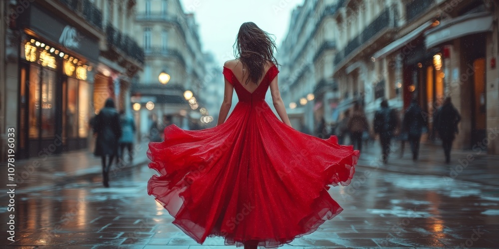 Obraz premium Cinematic shot of woman in red dress walking through Paris streets