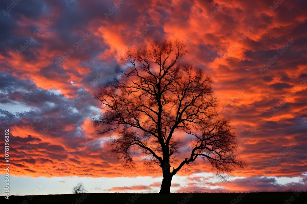 Fototapeta premium A single birch tree in silhouette set against a vivid yellow and red sky with dramatic cloud formation, Ai Generated