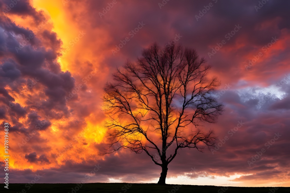 A single birch tree in silhouette set against a vivid yellow and red sky with dramatic cloud formation, Ai Generated A single birch tree in silhouette set against a vivid yellow and red sky with dramatic cloud formation, Ai Generated