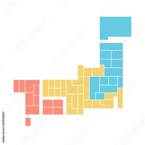 デフォルメされた日本地図 分割 デザイン ( ベクター 透過 色分け カラフル シンプル 幾何学 エリア 寒冷地 温暖地 暖地 )