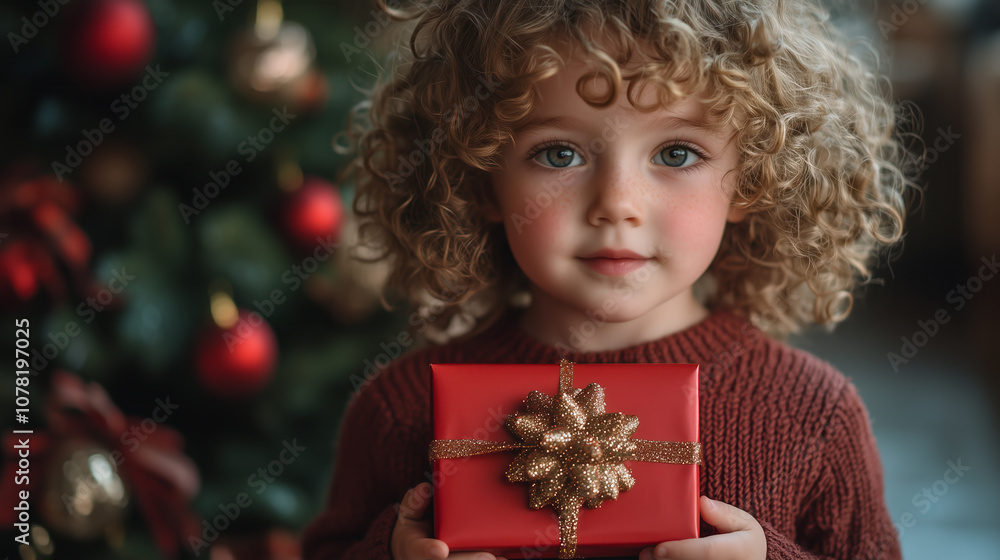 Lockiger Junge hält eine rote Geschenkbox mit goldener Schleife vor einem Christbaum.KI generiert Lockiger Junge hält eine rote Geschenkbox mit goldener Schleife vor einem Christbaum.KI generiert