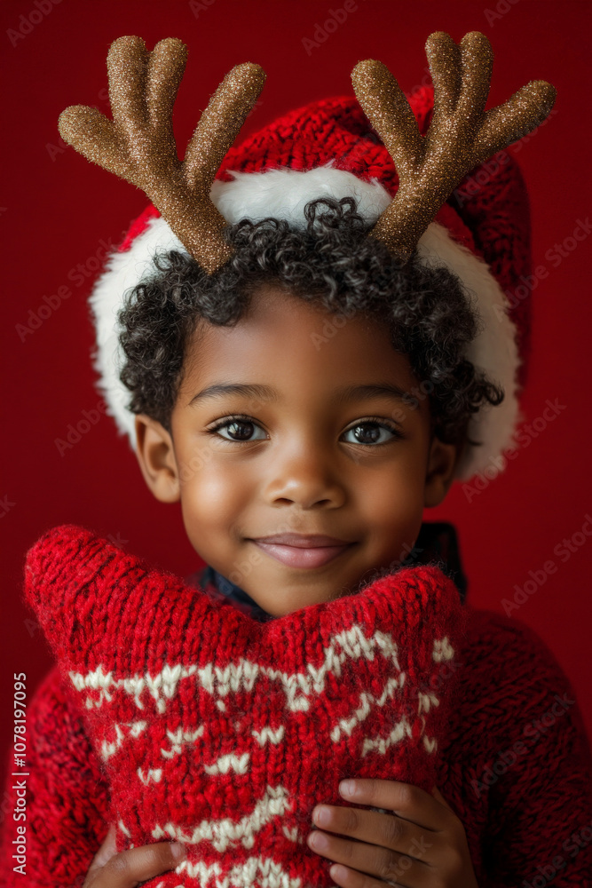 Festive Portrait of African American Kid Wearing Reindeer Antler Headband Holding Christmas Gift Festive Portrait of African American Kid Wearing Reindeer Antler Headband Holding Christmas Gift