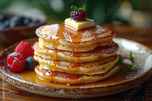 Stack of Golden Brown Pancakes Drizzled with Syrup and Topped with Butter and Berries