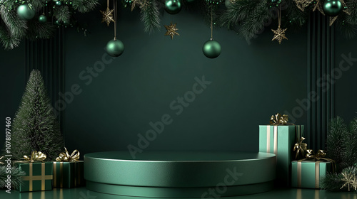 Elegant Green Luxury Christmas Podium with Empty Platform for Festive Product Presentation photo