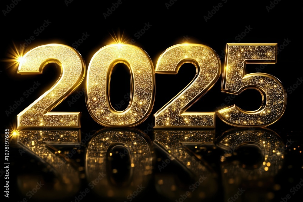 3D golden numbers 2025 and text Happy New Year on a black background, written in the center of the screen with an elegant font. 3D golden numbers 2025 and text Happy New Year on a black background, written in the center of the screen with an elegant font.