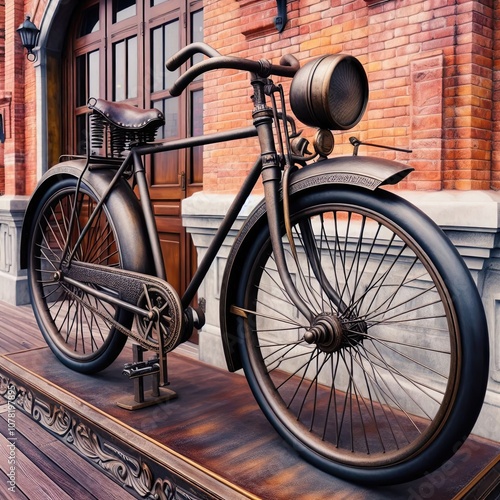 old bicycle in front of a wall photo