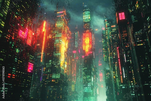 Futuristic cityscape with neon lights and rain photo