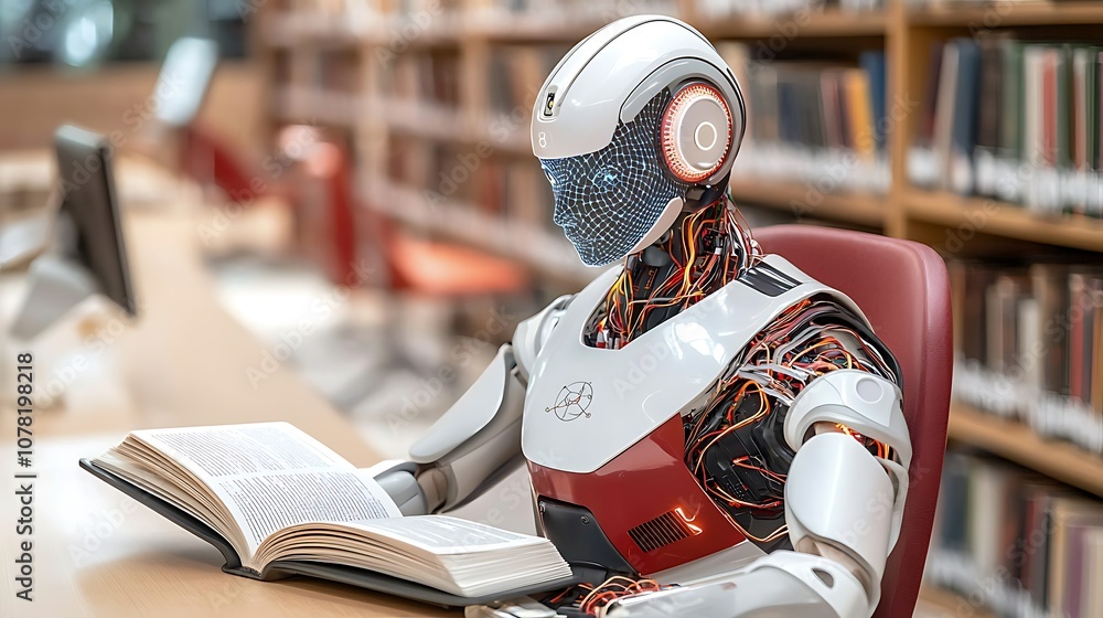 An AI robot, equipped with advanced machine learning algorithms, sits quietly in the library, absorbing knowledge from the book it is reading An AI robot, equipped with advanced machine learning algorithms, sits quietly in the library, absorbing knowledge from the book it is reading