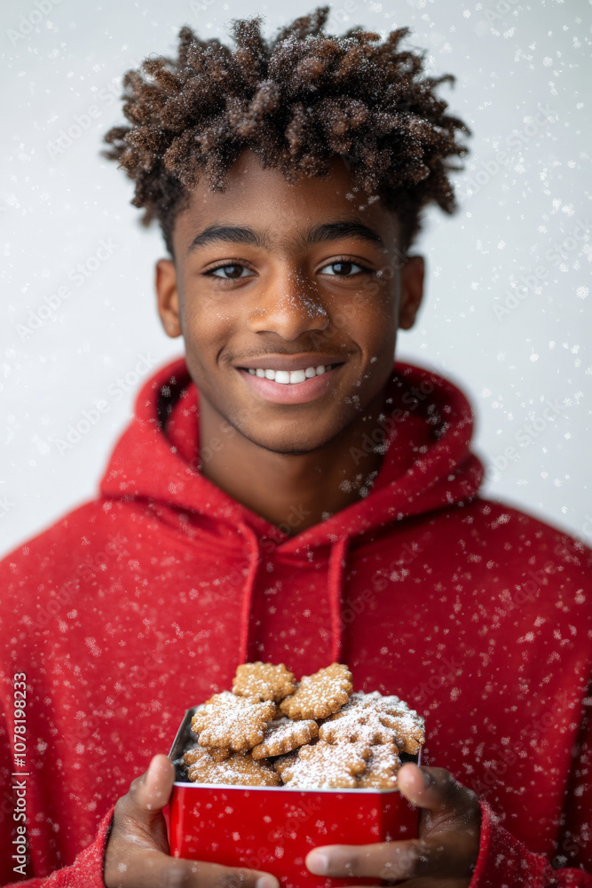 Naklejka premium Festive Portrait of African American Young Adult Male Wearing Cozy Red Hoodie Holding Christmas&nbsp;Gift