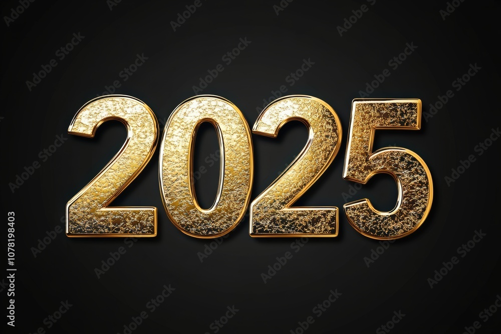 3D golden numbers 2025 and text Happy New Year on a black background, written in the center of the screen with an elegant font. 