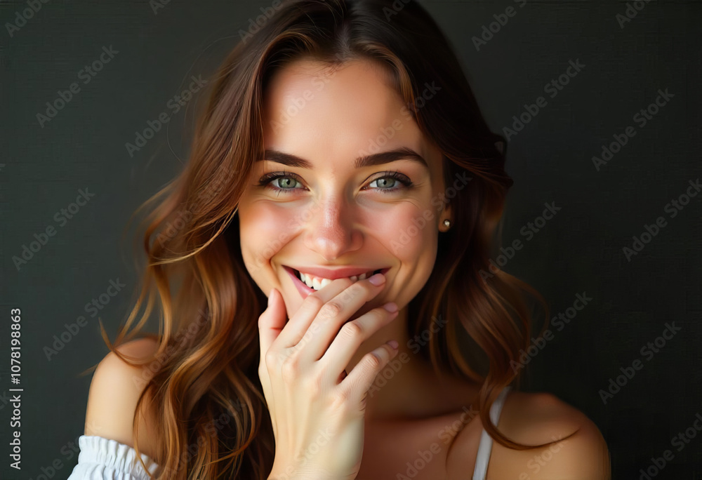 Young girl smiling with happiness holding her hands near her mouth Young girl smiling with happiness holding her hands near her mouth