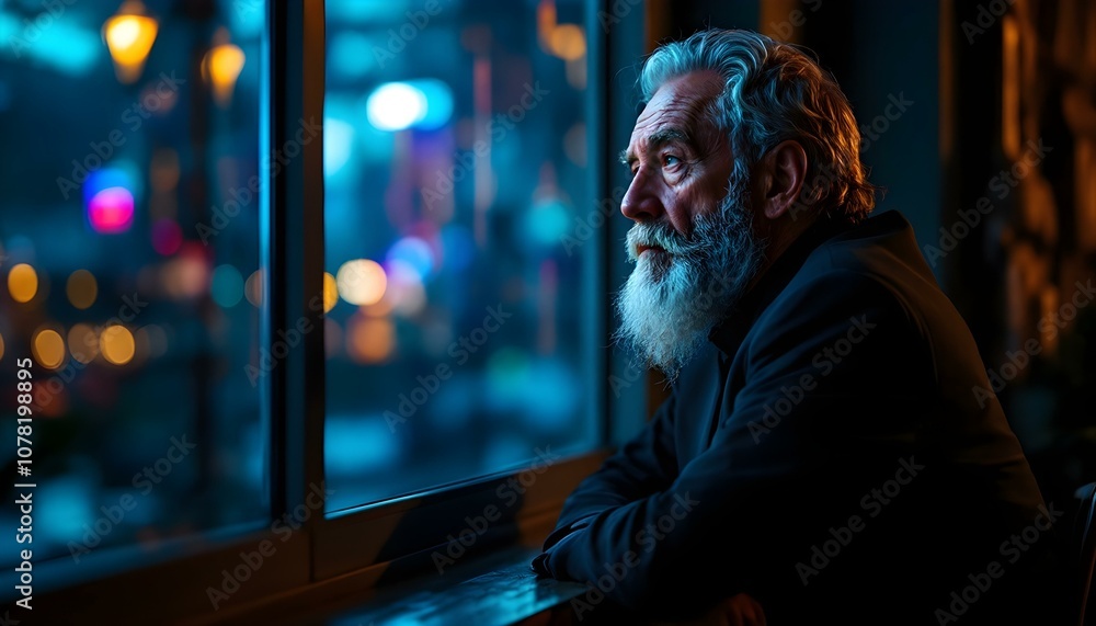 Fototapeta premium An elderly man with a white beard gazes thoughtfully out of a window at night, illuminated by colorful city lights. His expression reflects contemplation and nostalgia as he observes the vibrant scene