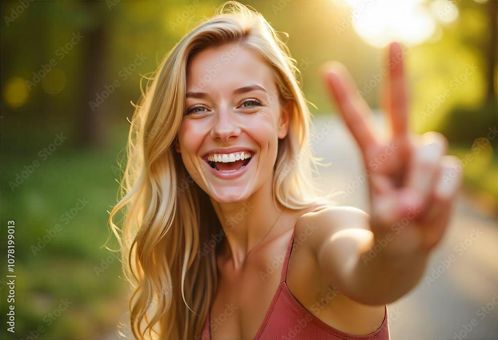 Happy girl smiling and showing victory sign Happy girl smiling and showing victory sign