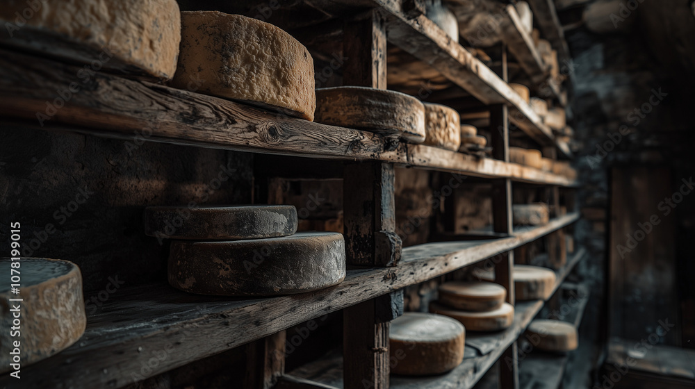 rustic cheese cellar with rows of artisanal cheese wheels on aged wooden shelves