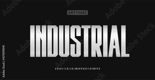 Condensed industrial alphabet, bold tall metallic letters, high metallic font for modern automotive identity, robust utilitarian design, robust typographic style. Vector typeset.