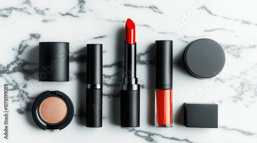 Assorted cosmetics on a marble surface including red lipstick, lip gloss, compact powder, and jars of makeup in sleek black packaging photo