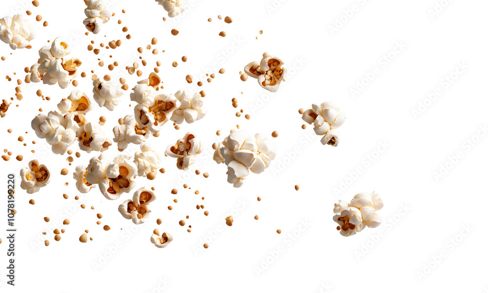 A mesmerizing burst of fluffy popcorn kernels flying in all directions against a solid black background, creating an energetic and fun atmosphere perfect for movie nights. A mesmerizing burst of fluffy popcorn kernels flying in all directions against a solid black background, creating an energetic and fun atmosphere perfect for movie nights.