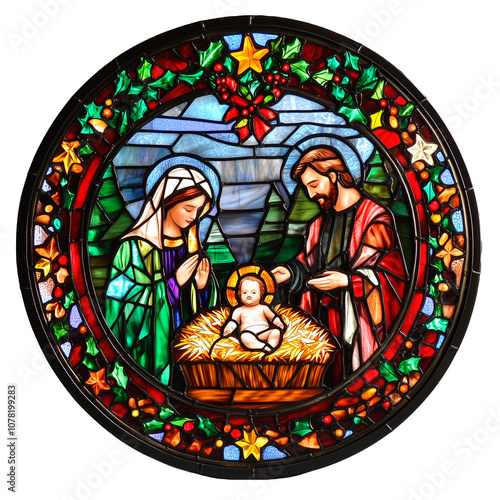 Stained glass image of St. Mary and Joseph with the newborn baby Jesus Christ born in a manger in a stable, Nativity creche. Christian religious illustration on transparent background photo