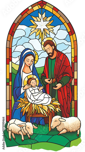 Painted stained glass window with St. Mary and Joseph with the newborn baby Jesus Christ born in a manger in a stable, Nativity creche. Christian religious illustration on transparent background photo