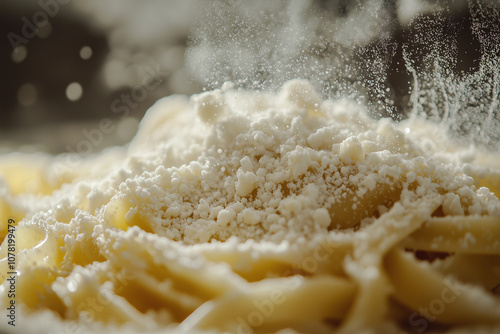 freshly cooked pasta with a generous sprinkle of fine cheese, captured mid-sprinkle in a warm kitchen photo