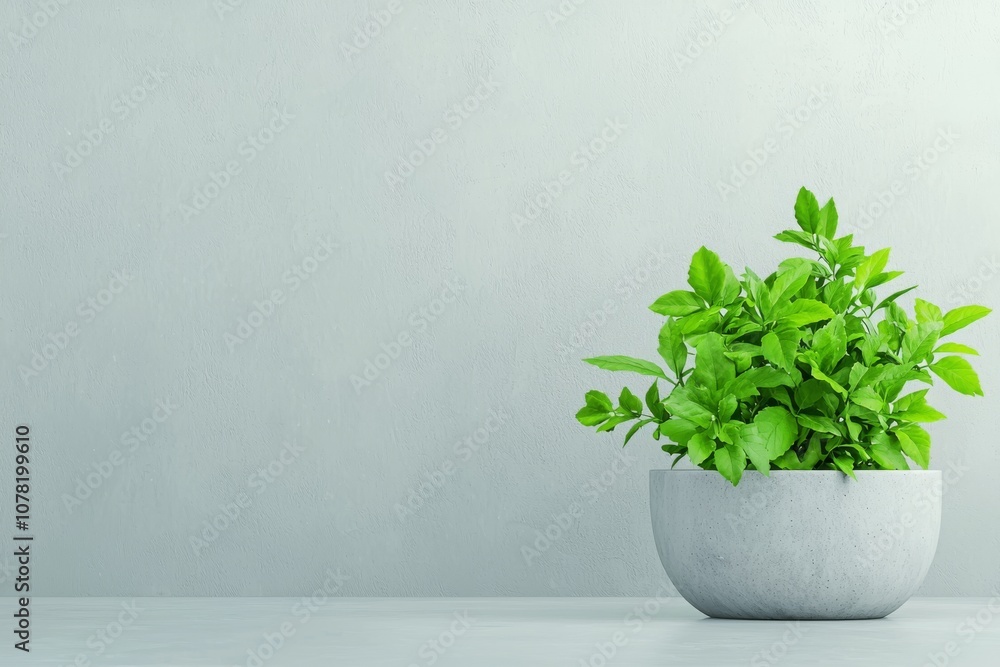 A fresh green plant in a minimalist pot against a soft gray background. A fresh green plant in a minimalist pot against a soft gray background.
