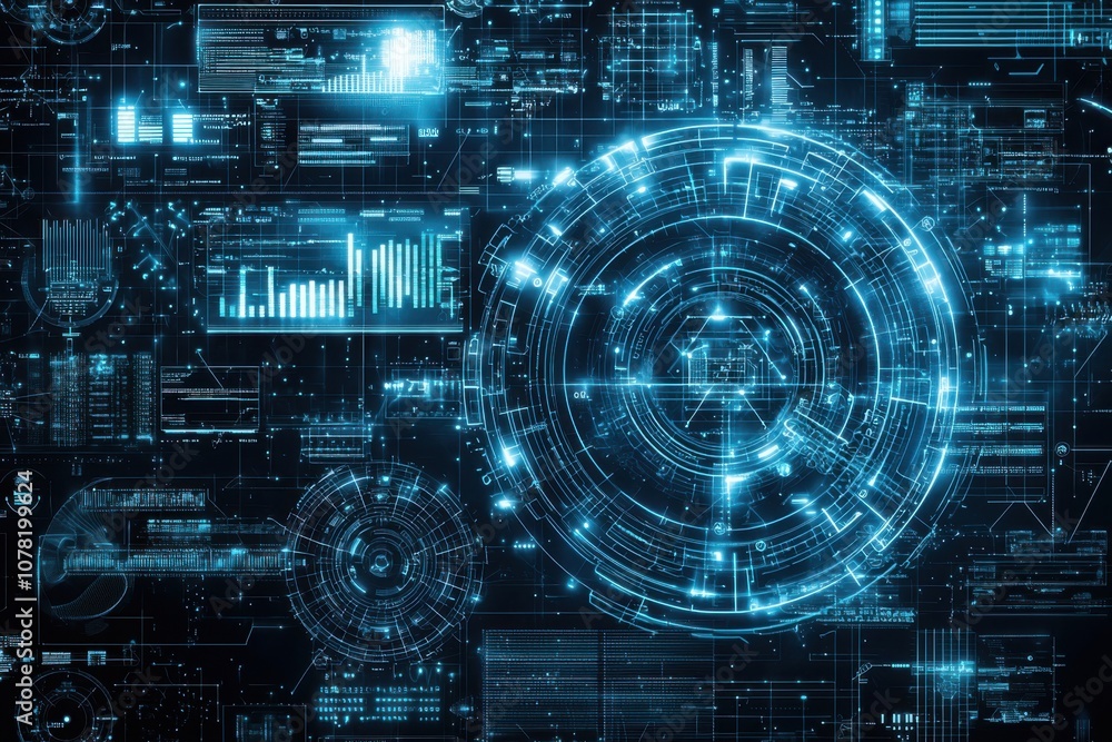 Futuristic digital interface with data visualizations and circular designs. Futuristic digital interface with data visualizations and circular designs.