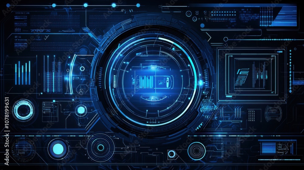 Futuristic digital interface with blue tones and data visualization elements. Futuristic digital interface with blue tones and data visualization elements.