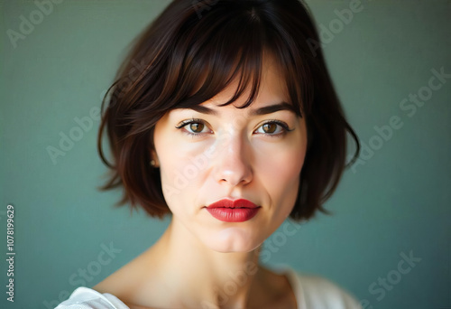 Portrait of a young girl with short hair and red lips