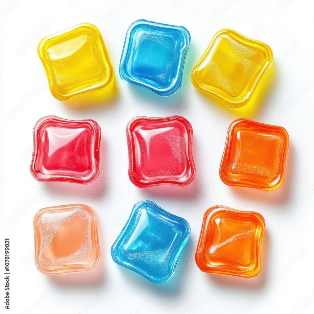 Colorful laundry pods arranged on white background in grid pattern Colorful laundry pods arranged on white background in grid pattern