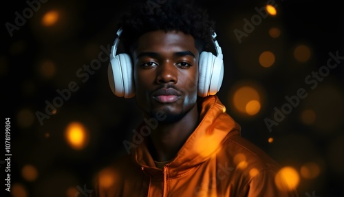 Young man wearing headphones and an orange hoodie, surrounded by warm bokeh lights in a dark setting. The contrast creates a modern, moody atmosphere