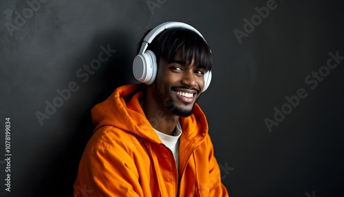 Smiling young man in an orange hoodie wearing headphones against a dark background. The minimalist backdrop contrasts with his vibrant outfit, highlighting a casual, cheerful vibe