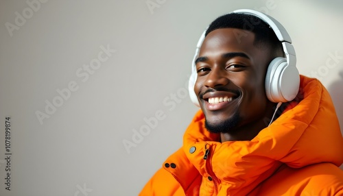 Close-up portrait of a young man smiling while wearing headphones and a vibrant orange jacket, against a light background. The expression and colors convey joy and energy