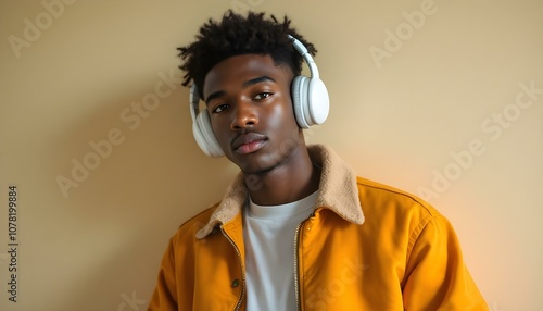 Portrait of a young man wearing headphones and a yellow jacket with a fur collar, set against a neutral beige background. The relaxed pose and minimalist setup evoke a casual vibe