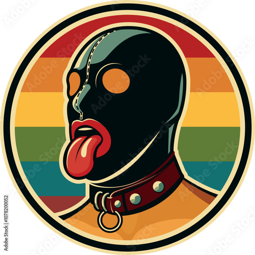 Leather bondage mask and collar on gay man with tongue out. Round graphic rainbow sm symbol (vector)