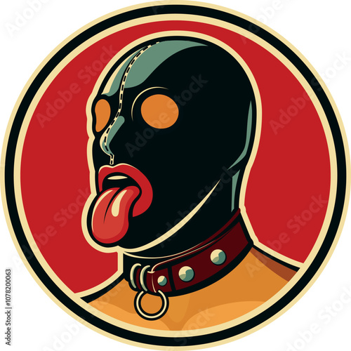 Leather bondage mask and collar on man with tongue out. Circular graphic sm symbol (vector)