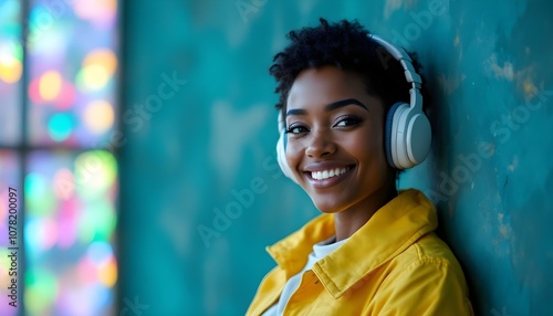 Portrait of a young woman smiling brightly while wearing headphones and a yellow jacket, standing against a teal background with soft, colorful bokeh lights