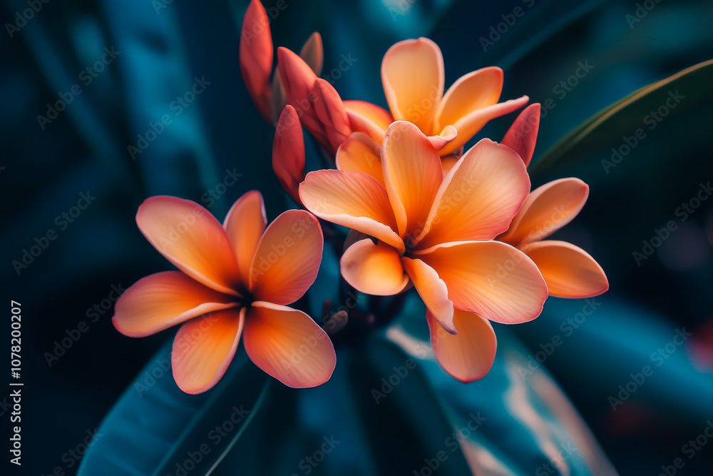 A close up of three orange flowers with green leaves. The flowers are in a blue background A close up of three orange flowers with green leaves. The flowers are in a blue background