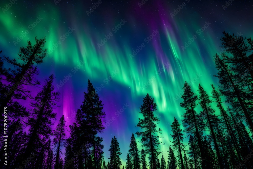 Forest of pine trees silhouetted against an aurora borealis sky showcasing vibrant greens blues, AI Generated Forest of pine trees silhouetted against an aurora borealis sky showcasing vibrant greens blues, AI Generated
