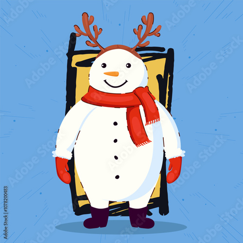 Happy Snowman with Antler Headband, Red Scarf, and Mittens Smiling on a Winter Day Standing in Front of a Door.